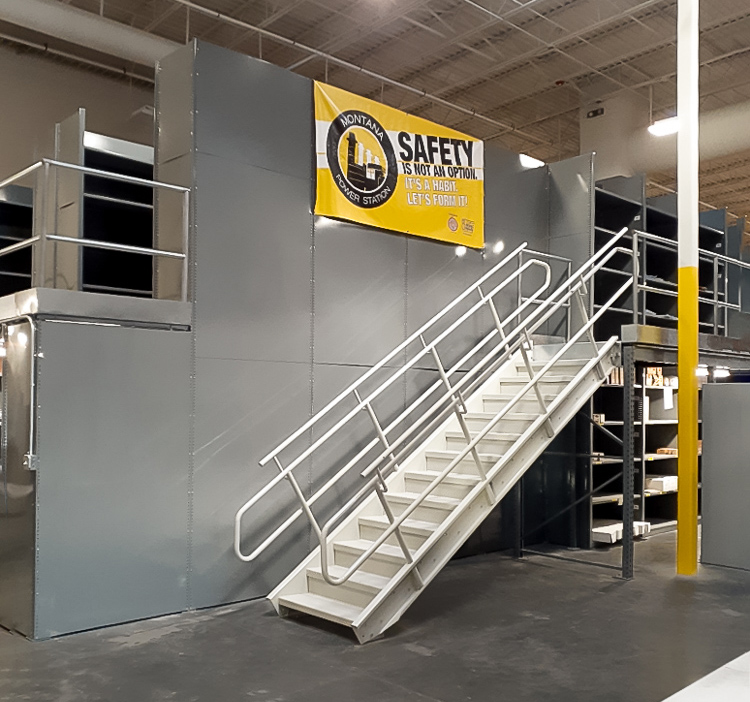 WPSS case study public utility warehouse multilevel deluxe shelving deckover system stair view