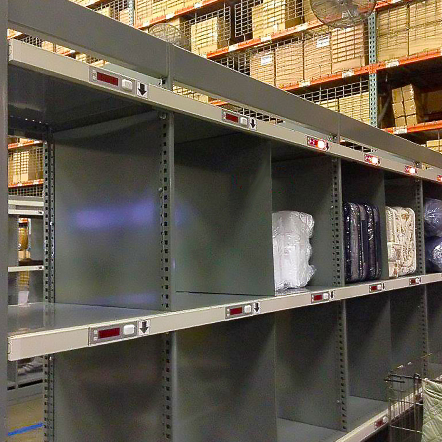 WPSS Put Wall pick shelving with pick to light close up